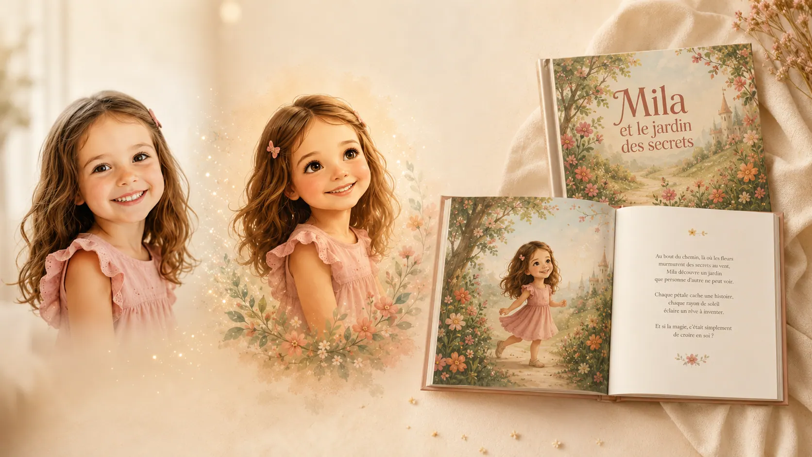 Évolution d'une petite fille : de la photo à l'illustration, puis au livre imprimé