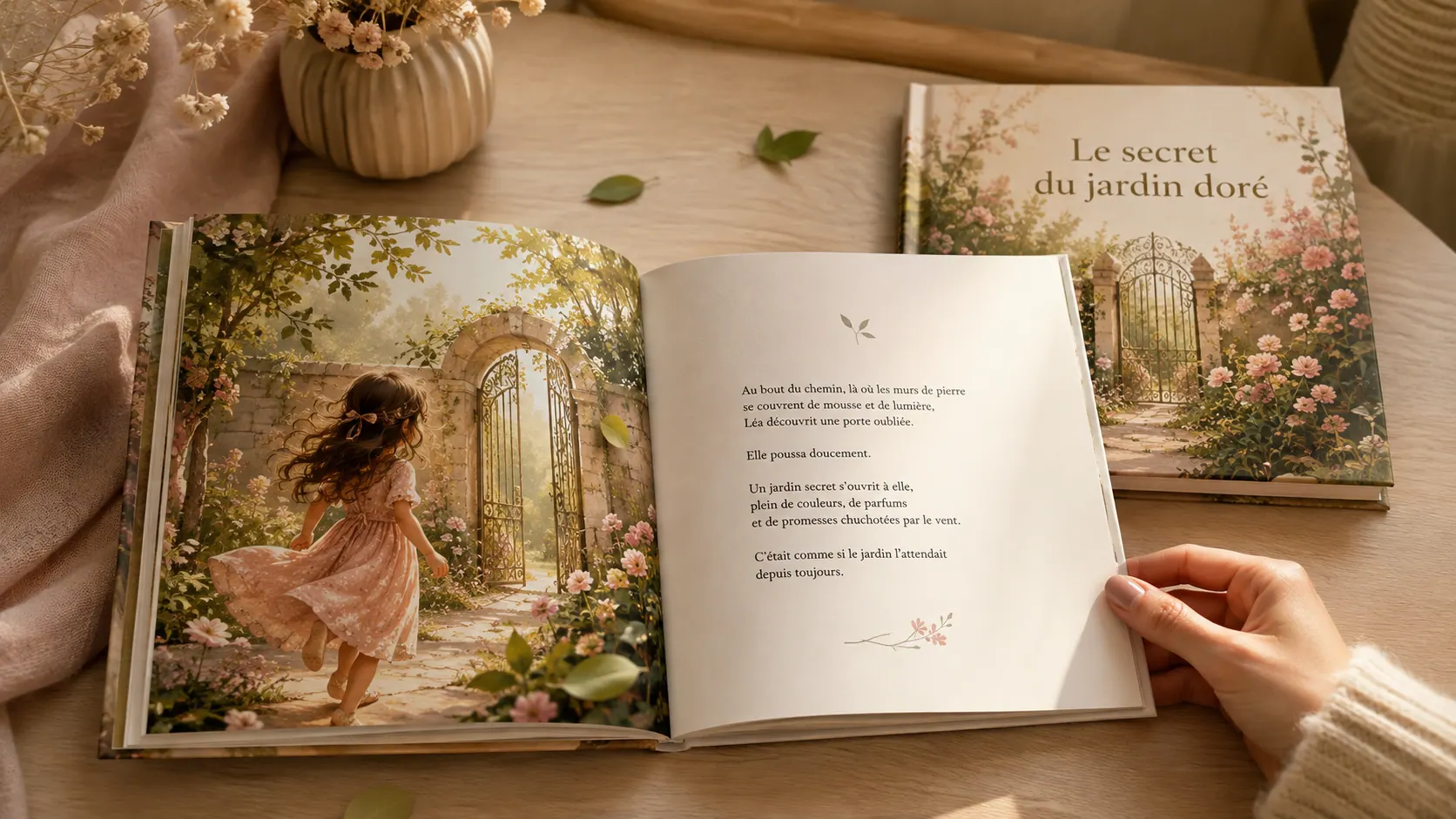 Livre personnalisé Liri ouvert, tenu à la main dans un jardin