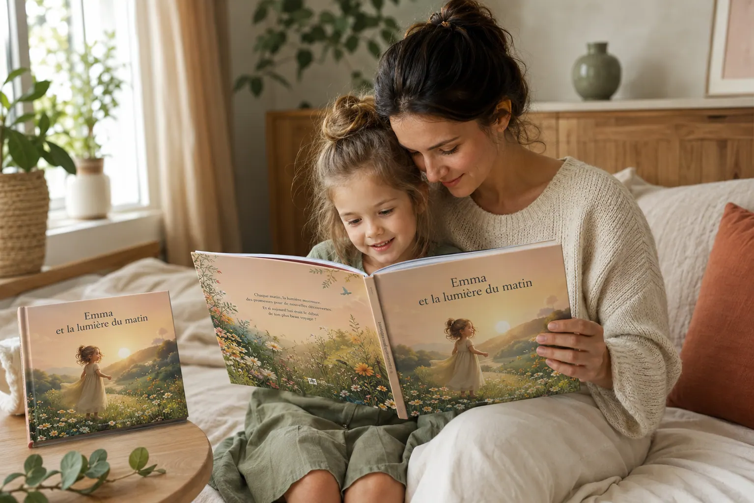 Une maman et sa fille lisant ensemble leur livre personnalisé