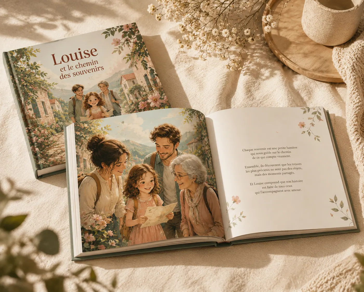 Livre personnalisé illustrant une enfant entourée de ses parents et grands-parents
